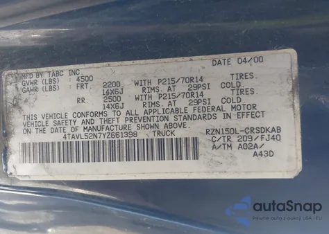 2000 Toyota Tacoma из США, поврежденный, VIN 4TAVL52N7YZ661398